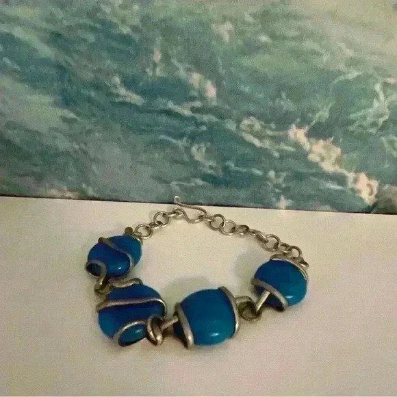 Sterling Silver Vintage 80s Italian Blue Glass Bracelet - Picture 6 of 15